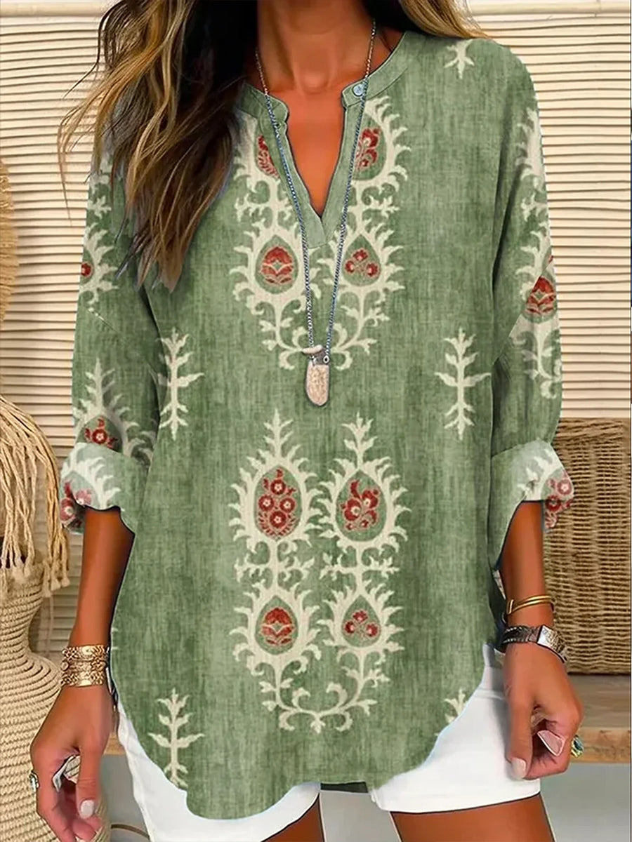 Green Long Sleeve Ethnic Regular Loose Blouse
