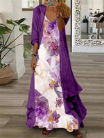 Robe longue deux pièces à manches longues et col en V pour femme, imprimée graphique