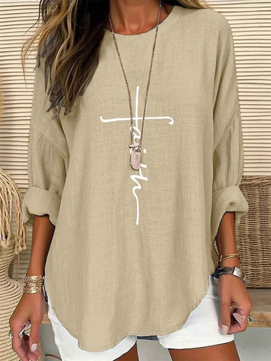 Faith Print Casual Long Sleeve Crew Neck Shirt