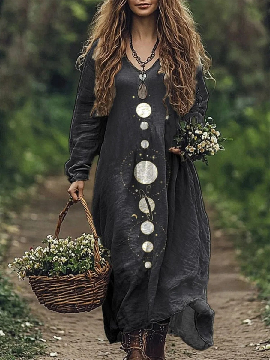 Robe maxi noire confortable à manches longues et col en V, motif ciel étoilé