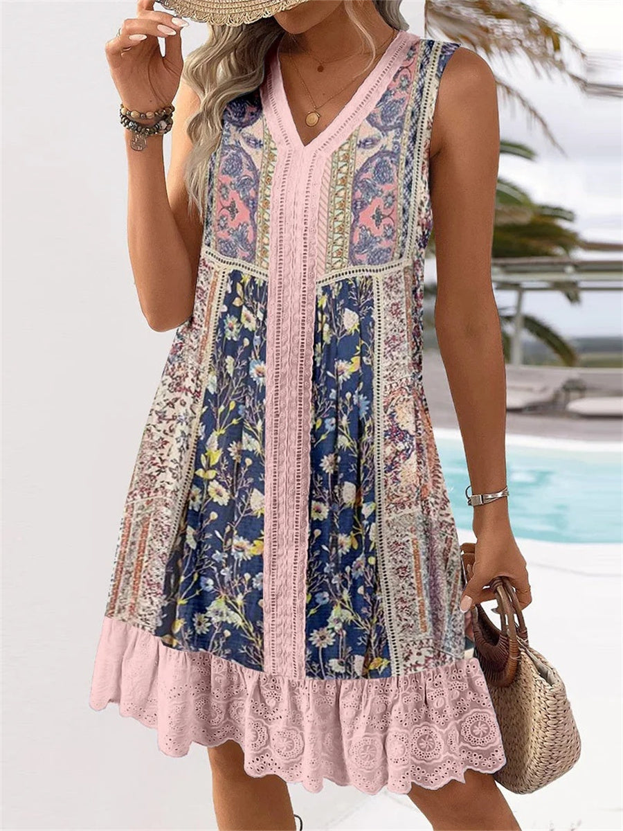 Robe midi sans manches en dentelle graphique à col en V pour femme