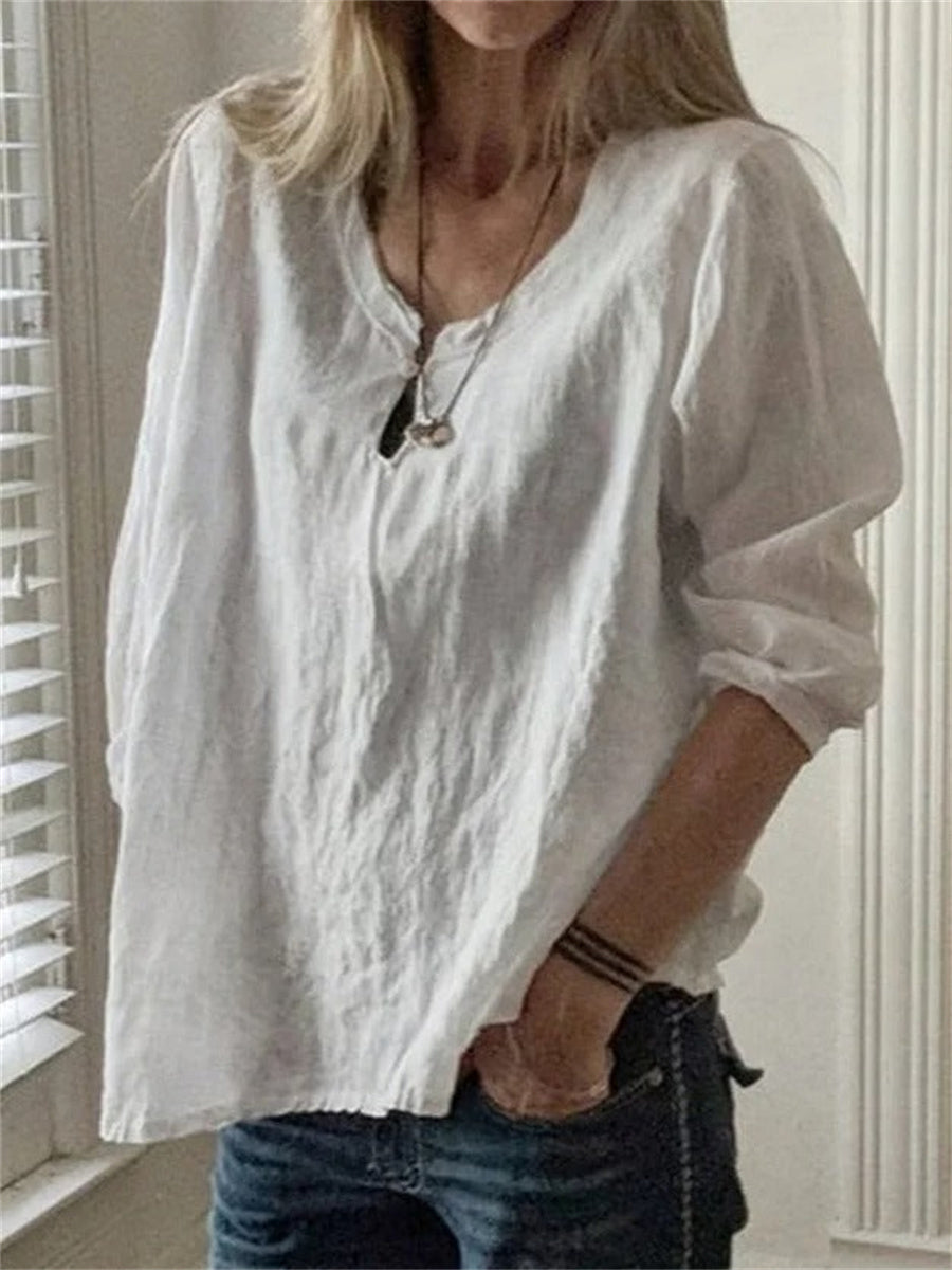 T-shirt blanc basique à manches longues et col rond