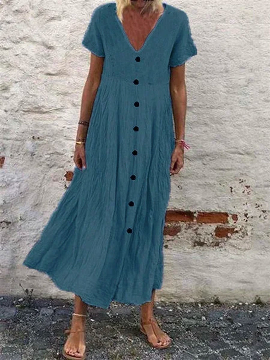 Robe maxi bohème unie à manches courtes et col en V