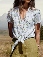 Floral Printed V Neck Short Sleeve Cotton Shirt