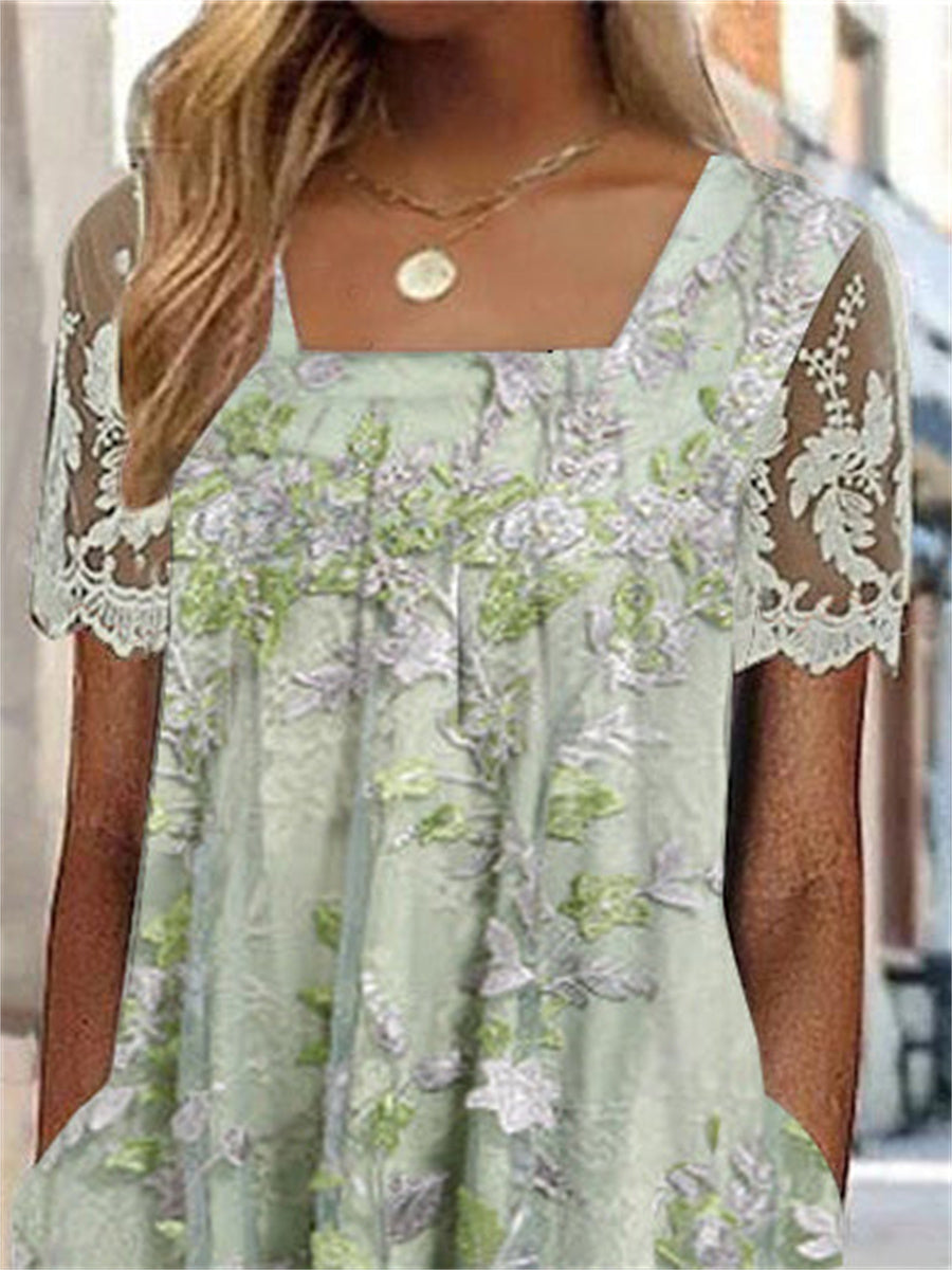 Robe midi à manches courtes et col carré pour femme, imprimée de fleurs et ornée de dentelle.