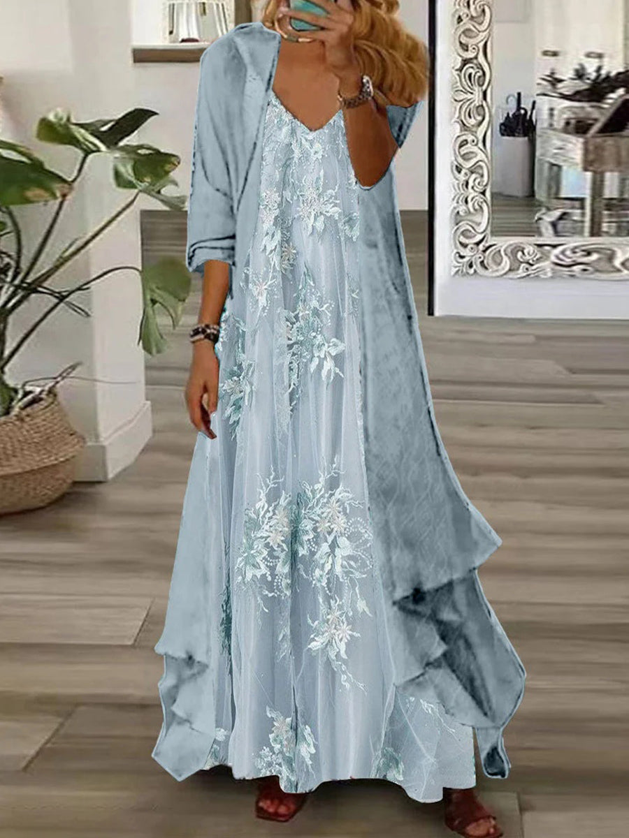 Robe longue deux pièces à manches longues et col en V pour femme, imprimée de fleurs