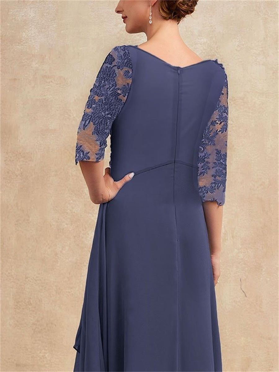 Chiffon-Spitzenkleid mit Rundhalsausschnitt, blau