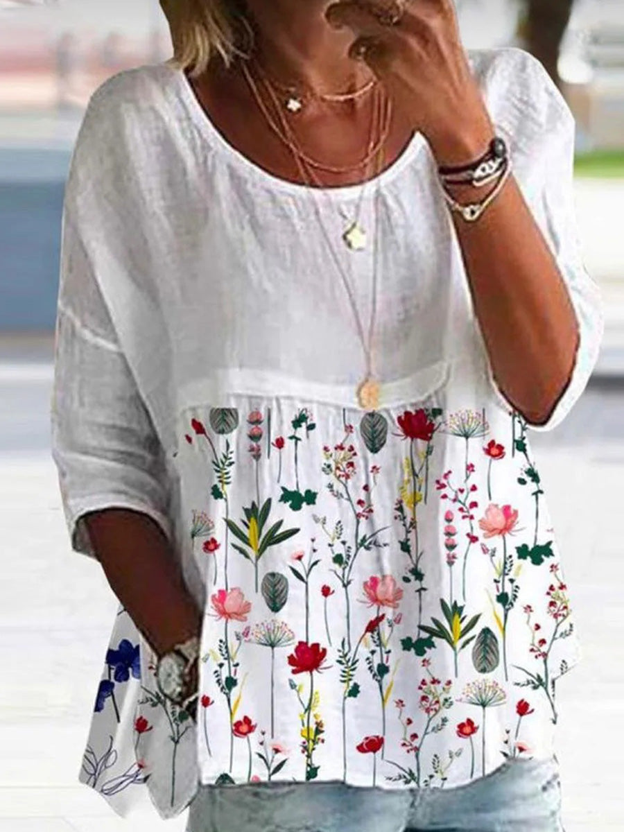 Elegant Round Neck Floral Print 3/4 Sleeve Top