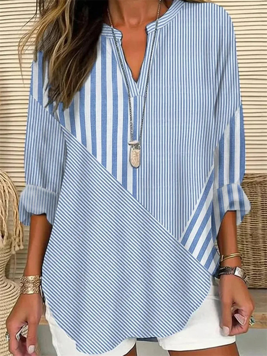 Chemise décontractée à rayures pour femme, manches longues, col cranté, coupe ample