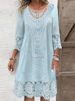 Robe midi unie en dentelle, manches 3/4 et col rond pour femme