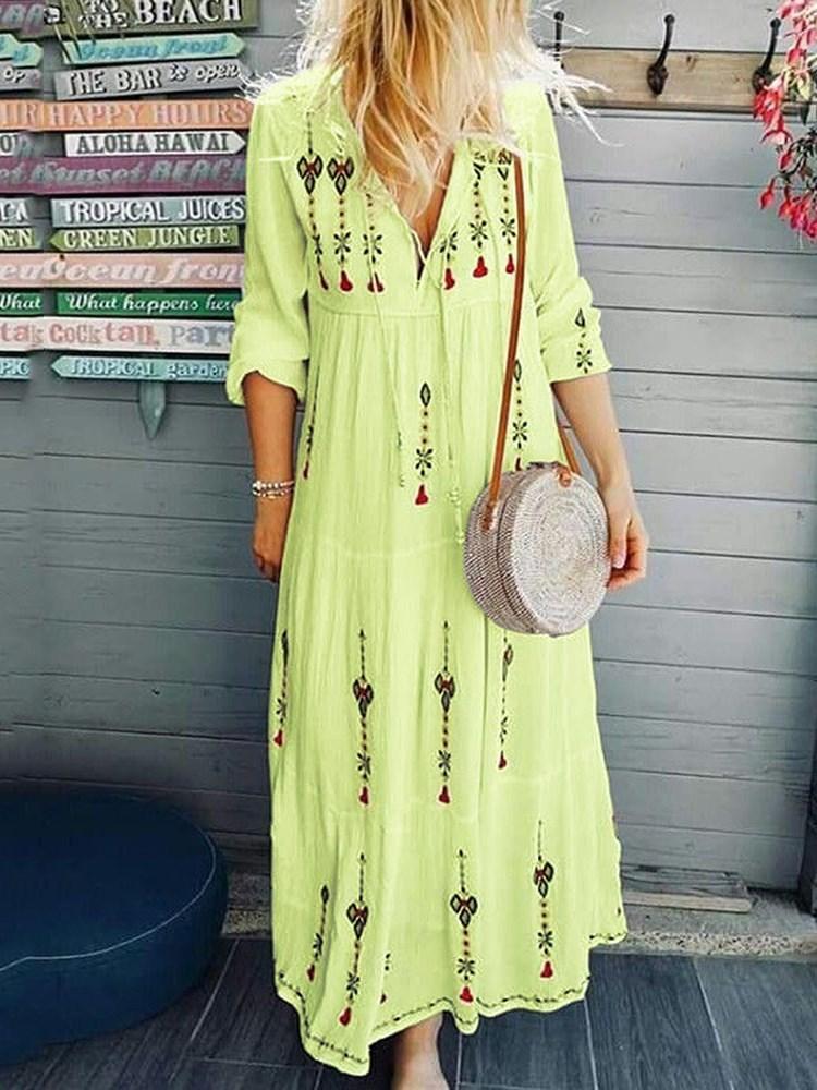 Robe maxi imprimée à manches trois-quarts, longueur cheville, taille haute, pull