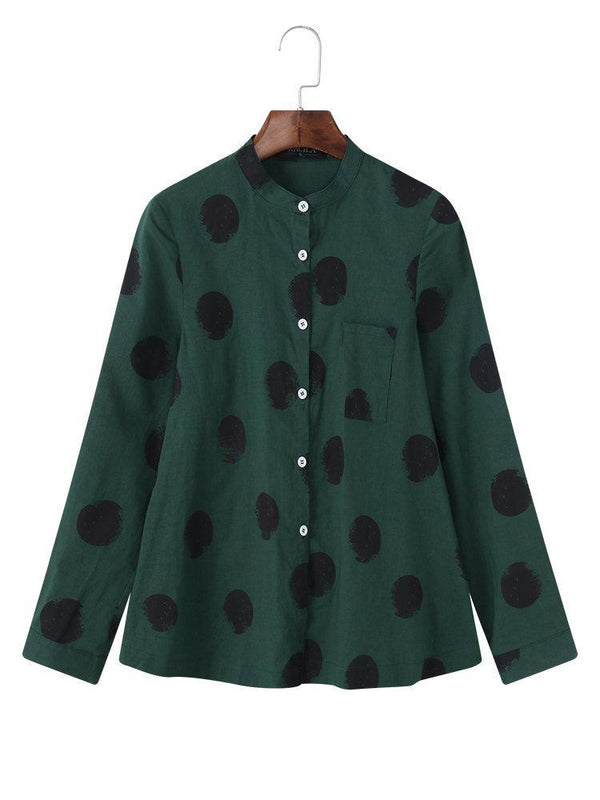 Casual Polka Dot Irregular Long Sleeve Stand Collar Blouse