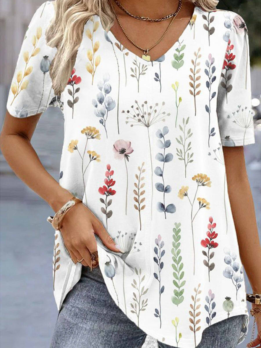 Chemise à fleurs décontractée à col en V et manches courtes