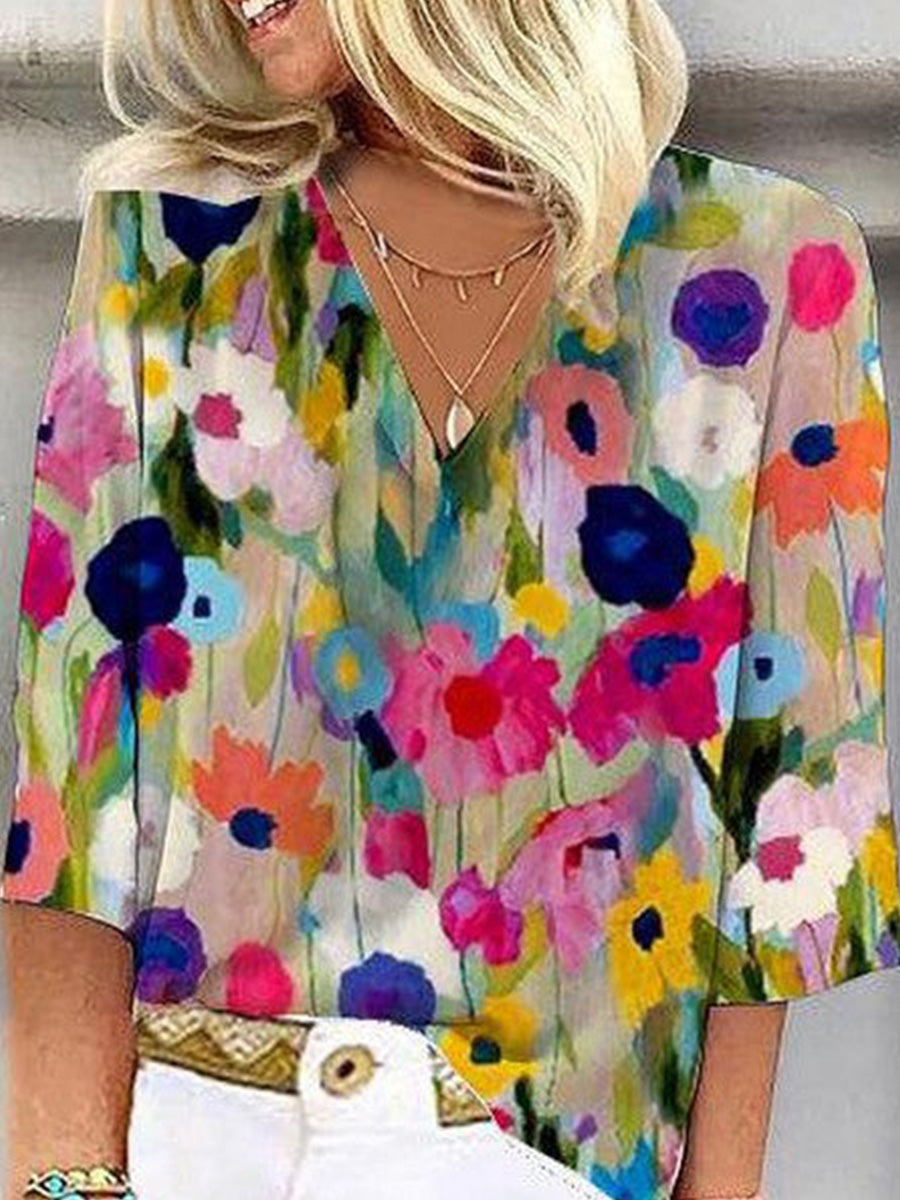 Women’s Colorful Floral V-Neck 3/4 Sleeve Loose Casual Blouse