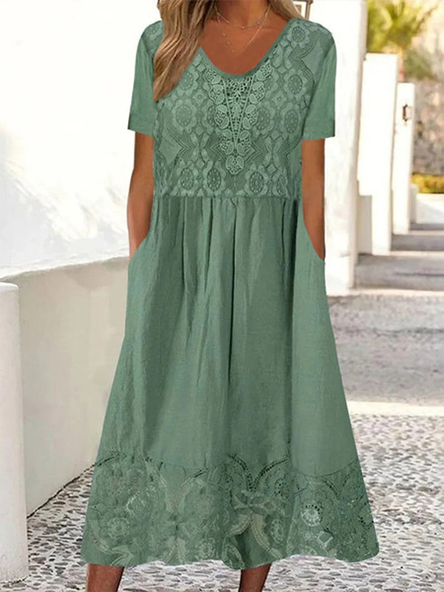 Green Crew Neck Short Sleeve Lace Maxi Dress