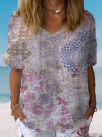 Chemisier à manches courtes et col rond pour femme, imprimé floral