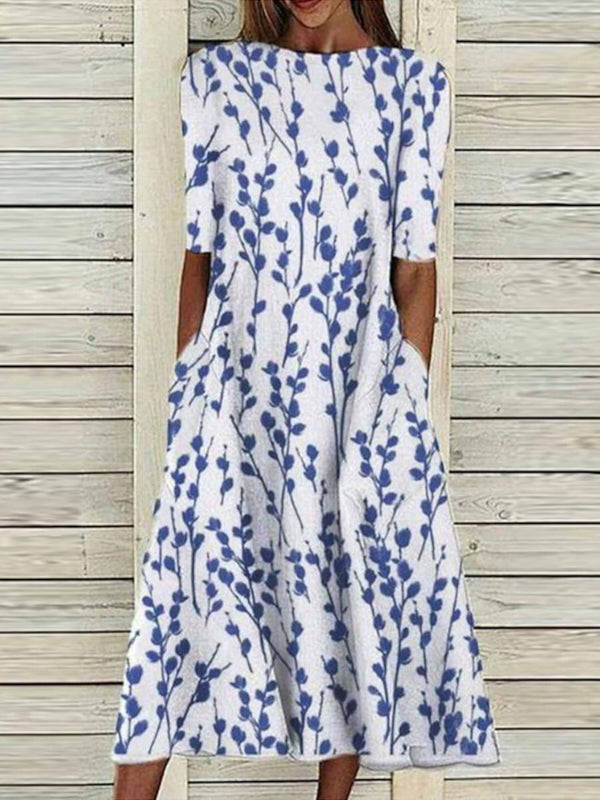 Women’s Blue Botanical Print Half Sleeve Loose Midi Dress with Pockets