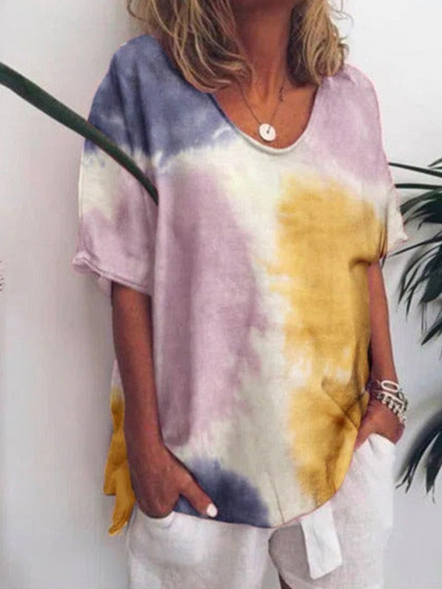 Color Block Tie-dye V-neck Short Sleeve T-shirt
