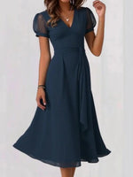 Navy Plain V-Neck Short Sleeve Midi Dress