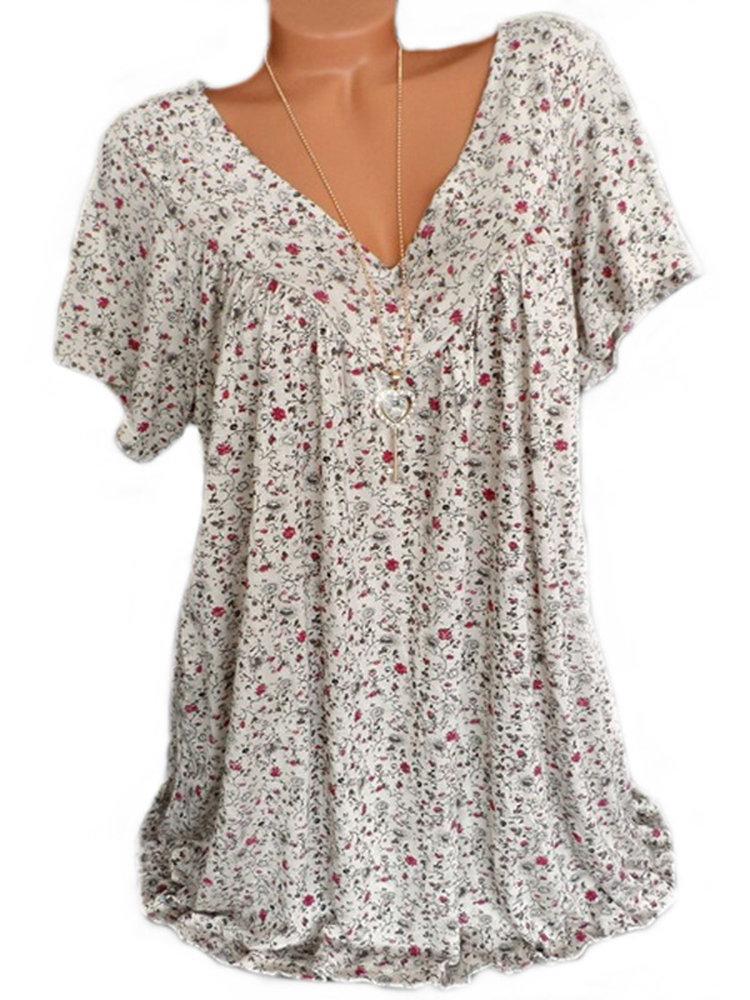 Print Floral Short Sleeve V-neck Blouse