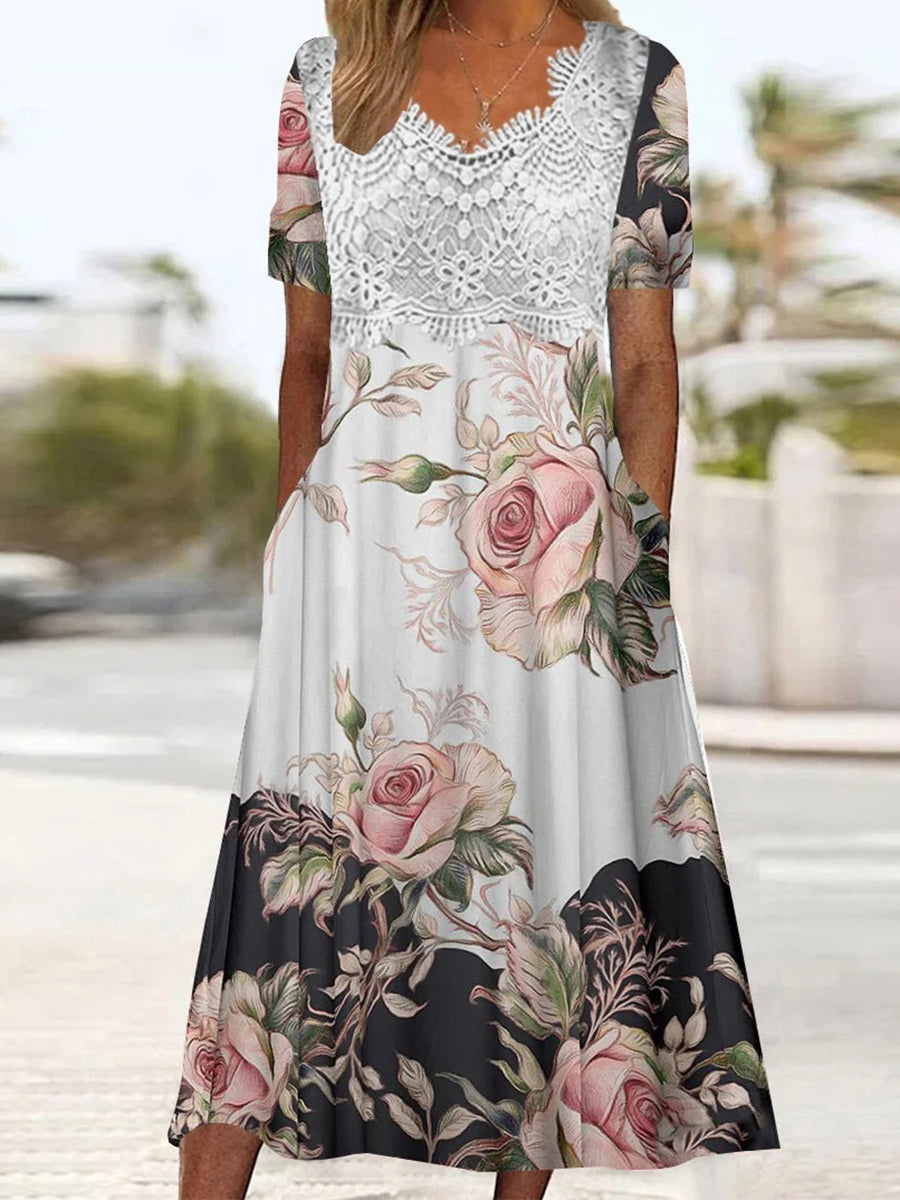 Robe midi à manches courtes et col en V pour femme, ornée de dentelle et d'un imprimé graphique.