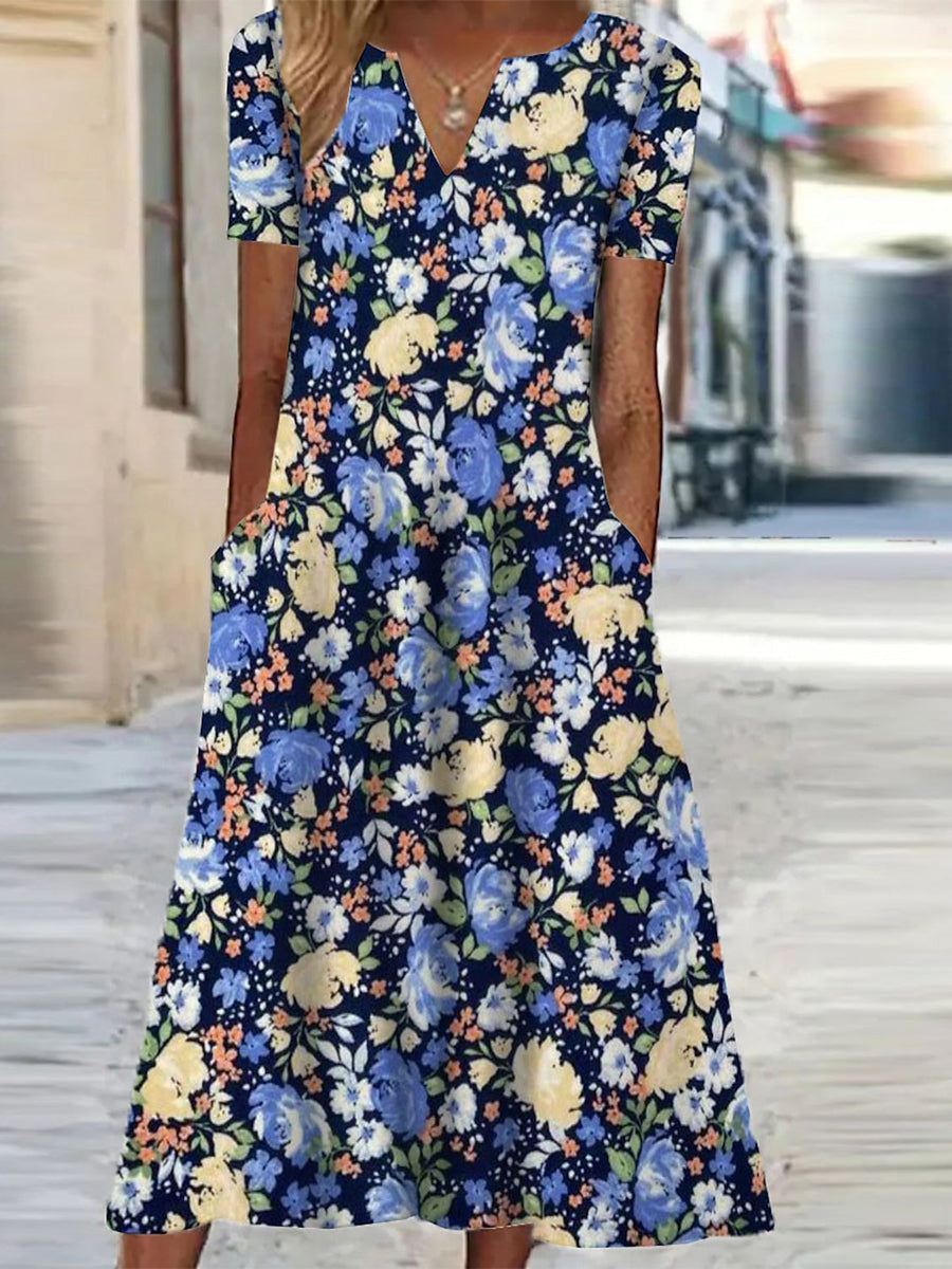 Floral V Neck Short Sleeve Pocket Midi Dress