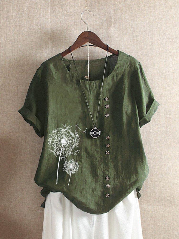 Vintage Print Flower Short Sleeve Button Blouse
