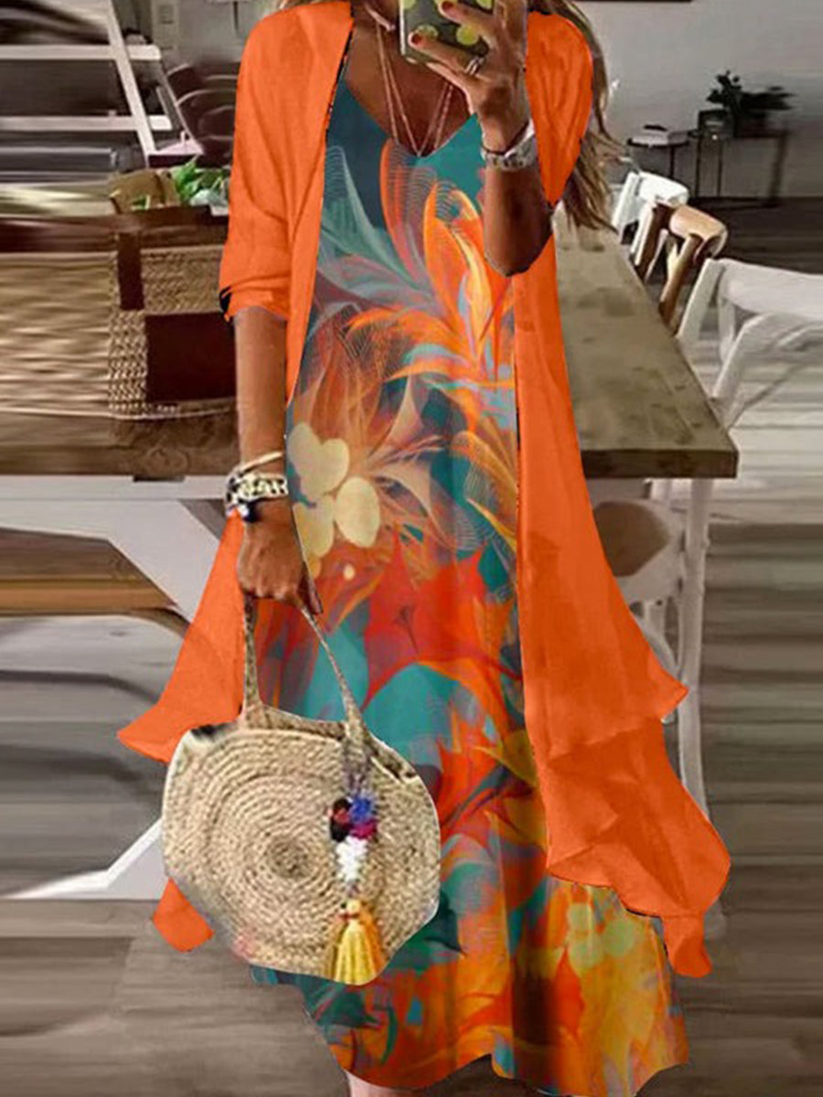 Orange Print Maxi Dress With Jacket