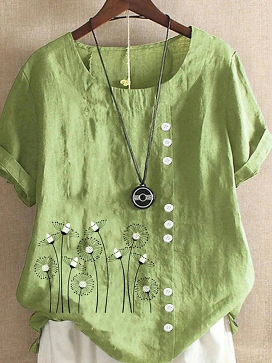 Lässige Bluse mit Löwenzahnmuster, Rundhalsausschnitt und kurzen Ärmeln