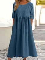 Robe midi ample en coton à col rond et manches courtes