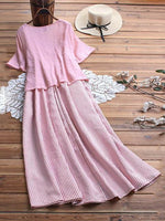 Kurzärmeliges, kariertes, zweiteiliges Sommer-Maxikleid mit Rundhalsausschnitt und kurzen Ärmeln