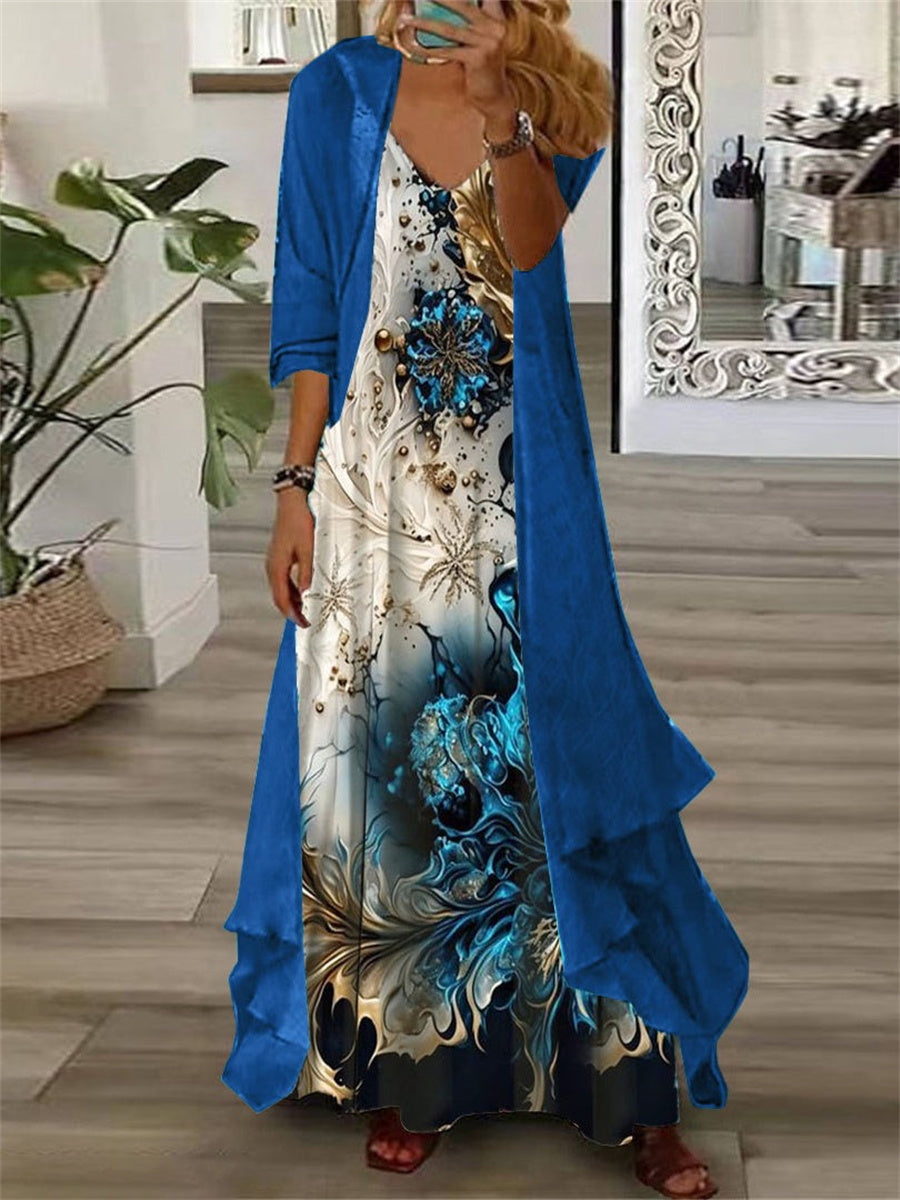 Floral Half Sleeve V-Neck Two Pieces Maxi Dress