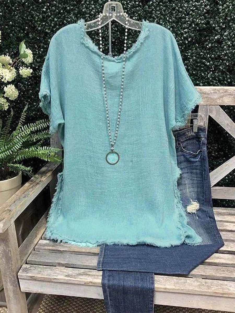 Chemisier uni décontracté à manches courtes et col rond