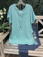 Chemisier uni décontracté à manches courtes et col rond