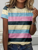 Colour Block Striped Round Neck Short Sleeve T-Shirt
