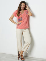 Hot Coral Feather Print V-neck Short Sleeve Blouse