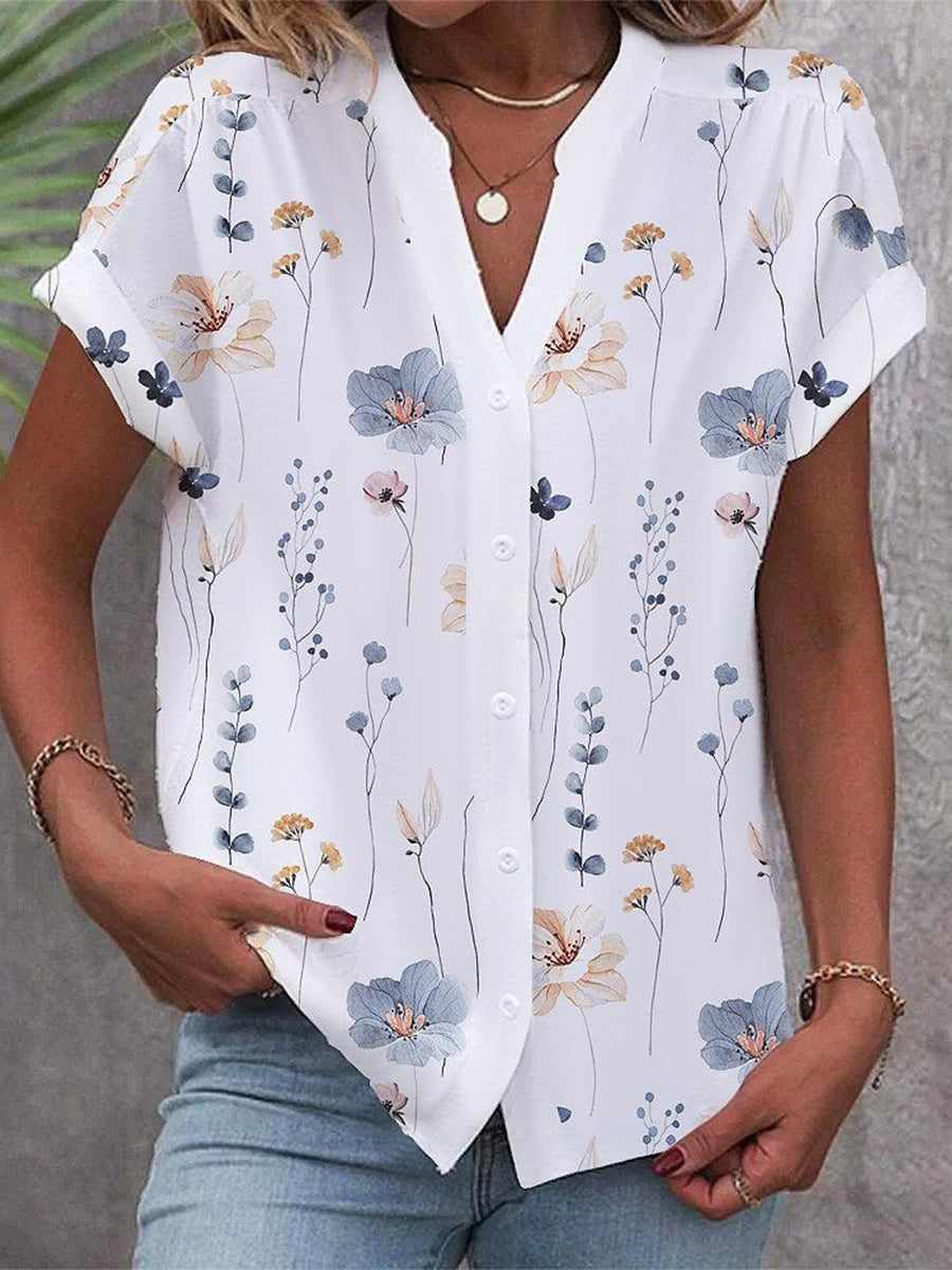 Floral Printed Buttoned V Neck Shirt