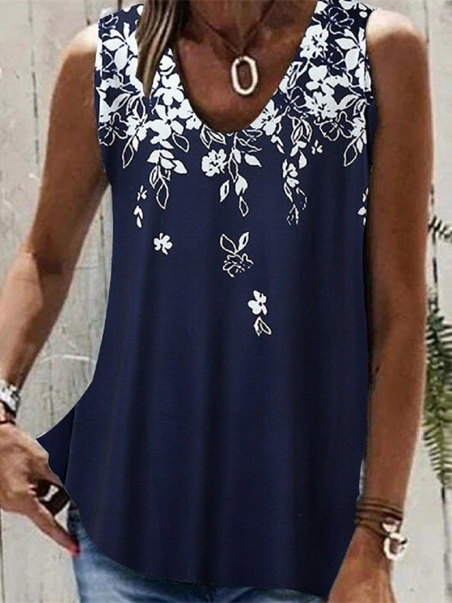 Dark Blue Casual V Neck Floral Printed Sleeveless Tank