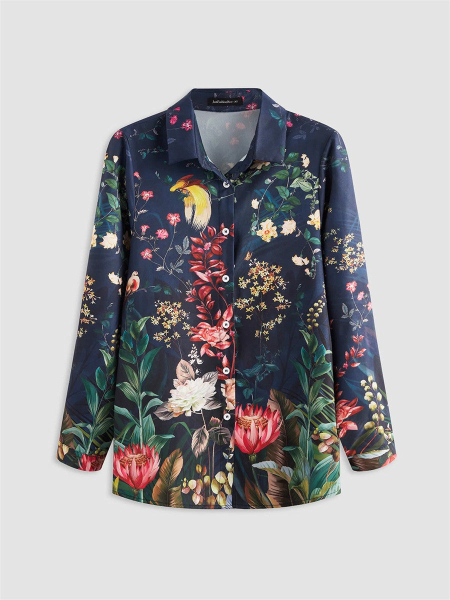 Floral Print Collared Long Sleeve Blouse