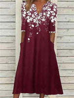 Elegant Floral Printed V-neck Loose Dress