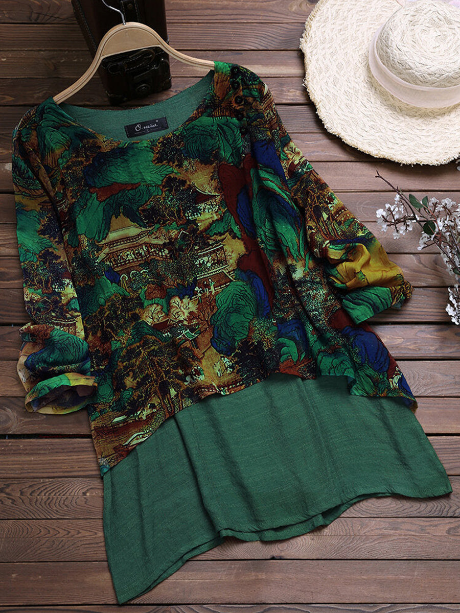 Landscape Print Patchwork Round Neck Long Sleeve Blouse