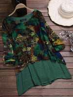 Landscape Print Patchwork Round Neck Long Sleeve Blouse