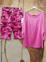 Ensembles deux pièces rose rouge décontractés à col rond et manches longues unies