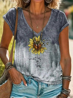 Floral Print Gradient V-neck Short Sleeve T-Shirt