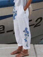 Irises Print Casual Loose White Pants