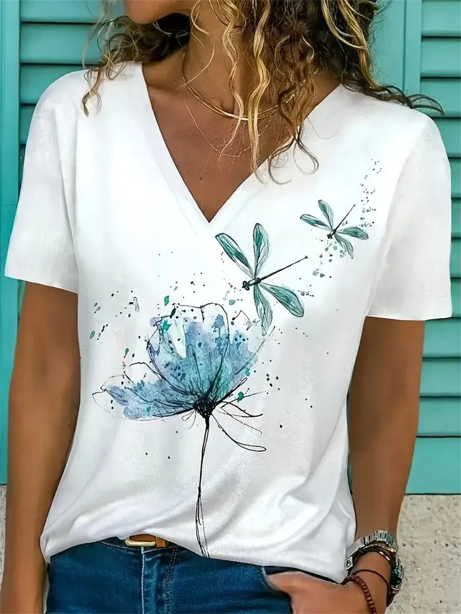 T-shirt blanc à manches courtes et col en V, imprimé floral, pour femme