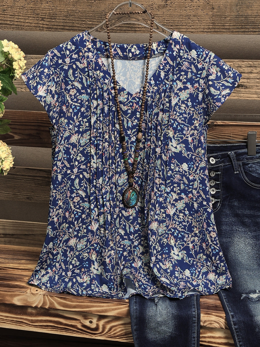 Lässige Bluse mit V-Ausschnitt und mehrfarbigem Blumenmuster