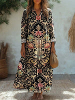 Ethnic V Neck Long Sleeve Casual Floral Printed Maxi Dress