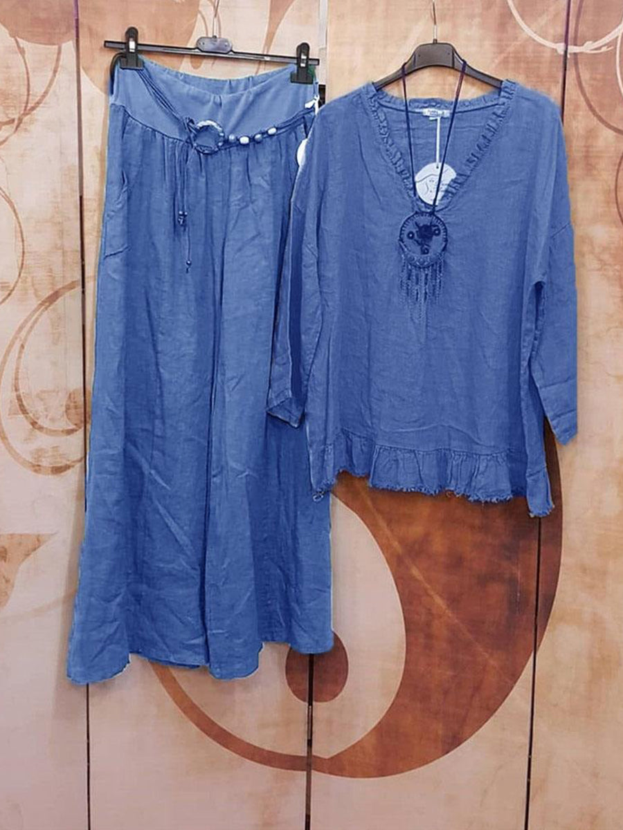 Blaue, lässige zweiteilige Sets mit V-Ausschnitt, langen Ärmeln