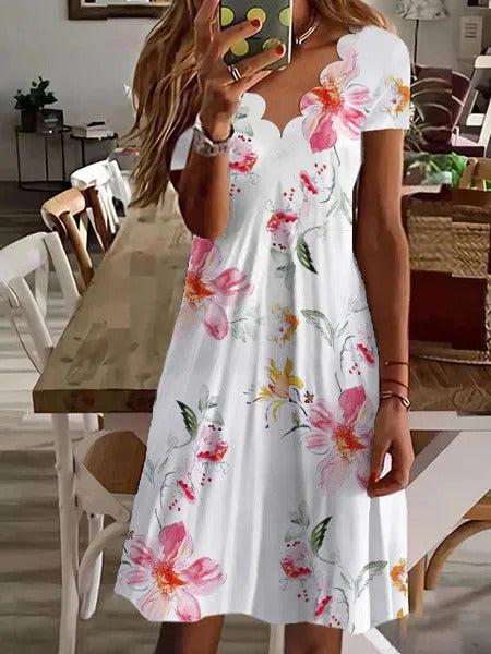 Women’s Scallop Neck Floral Print Short Sleeve A-Line Summer Dress